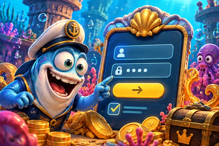 Spinbob casino login screen guarded by a friendly shark captain