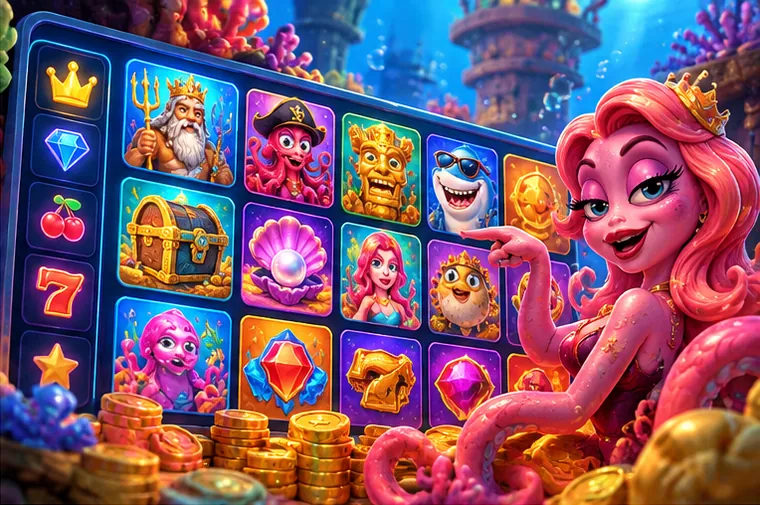 Mermaid hostess presenting the Spinbob slot reels